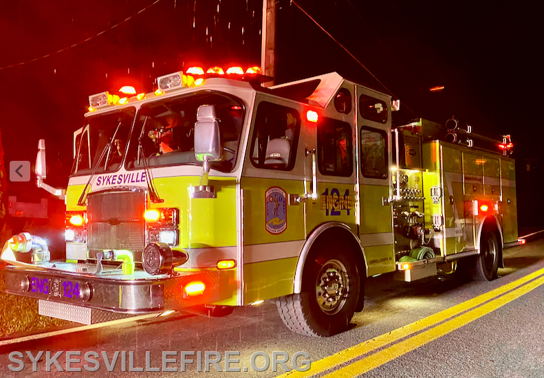 Sykesville Engine 124 on the scene of the large outbuilding fire, 7300 block Gaither Road. 